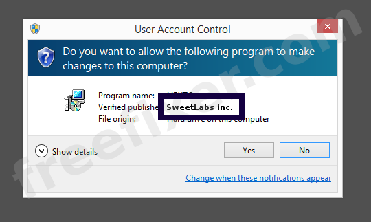 Screenshot where SweetLabs Inc. appears as the verified publisher in the UAC dialog